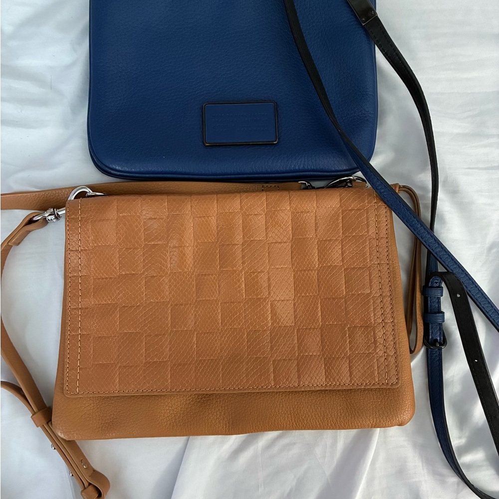 Leather Crossbody Bag in Tan and Navy - Designer Style